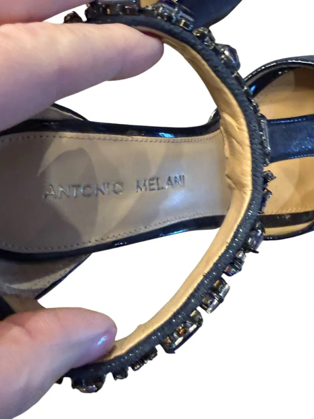 ANTONIO MELANI Navy Blue T-Strap Jeweled 4”  Heels Womens Size 8 Leather Sole